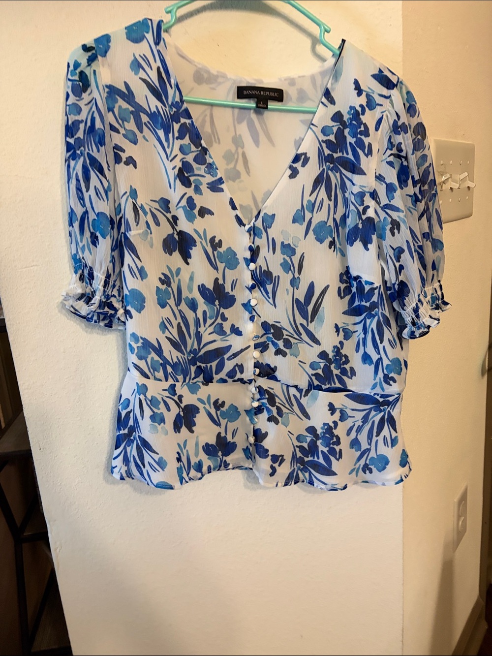 Banana Republic White Blouse with Blue Floral Print